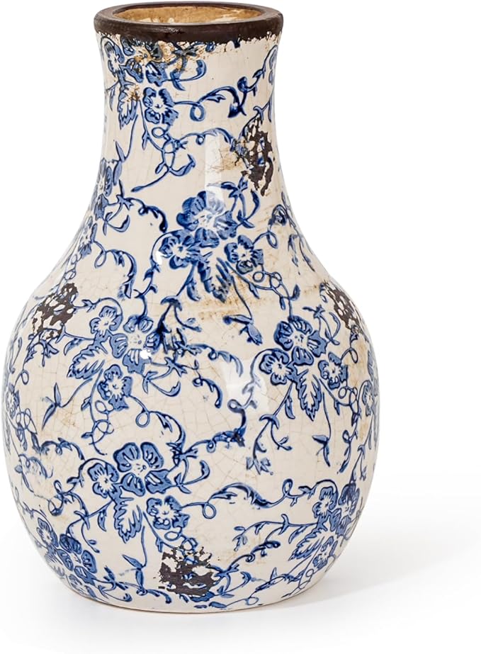 Sungmor Blue and White Ceramic Flower Vase, Vintage Ice Cracked Glaze Porcelain Vase, Pretty Centerpieces Flower Arrangement Vase for Home Decor, 8.2 Inch Decorative Vases for Table, Shelf, Mantel
