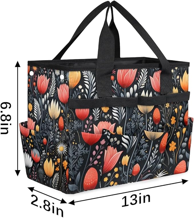 Garden Tool Bag Organizer Garden Tote Bag with Pockets Flowers Buds Leaves Tool Storage Organizer Gardening Tool Kit Holder 13" x 6.8" x 2.8"