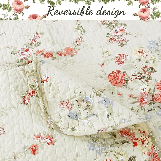 Cozy Line Home Fashions Khaki Cream Yellow Floral Blooming 100% Cotton Reversible Quilt Bedding Set Coverlet Bedspread (Rose Romance, Twin - 2 Piece)