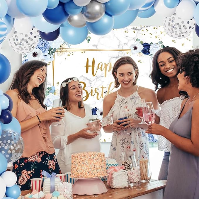 MEHOFOND 10x7ft Happy Birthday Backdrop Blue and White Flowers Bday Photography Background Girls Geometric Gold Glitter Dots Birthday Floral Party Decorations Cake Smash Decor Studio Photo Props