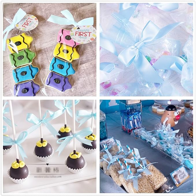 100 Pieces 3 inch Satin Ribbon Twist Tie Bows, Blue Pretied Bows with Twist Ties, Twist Bows Treats Bags, Bow Ties for Treats, Cake Pops, Baby Shower, Crafts, Gift Wrapping Favors, Cookies