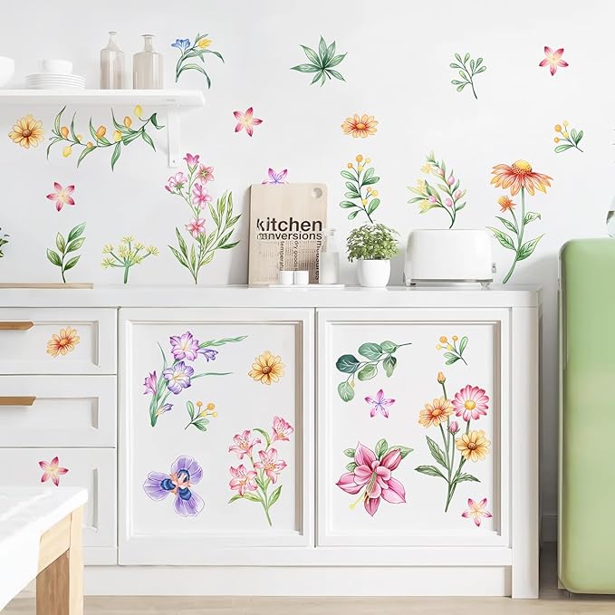Tanlaby Retro Colorful Wildflower Wall Stickers, Garden Floral Wall Decals Retro Flower Decal Peel and Stick Wall Decals Walll Art Decor for Bedroom Office Sofa TV Backdrop