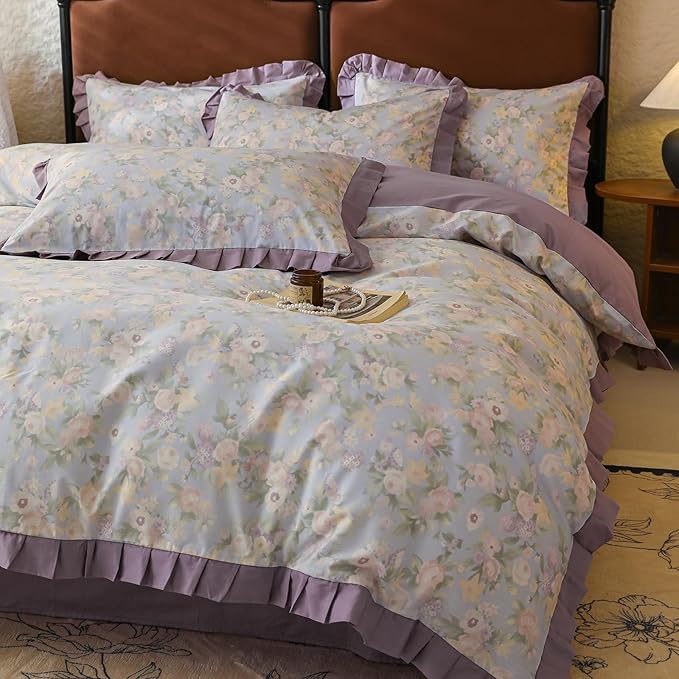 Ruffle Duvet Cover Set Twin Girls Cute Flower Duvet Cover with Purple Ruffles Cottagecore Bedding Vintage Floral Comforter Cover with 2 Pillowcases Princess Lace Bedding Flower Comforter Cover Twin