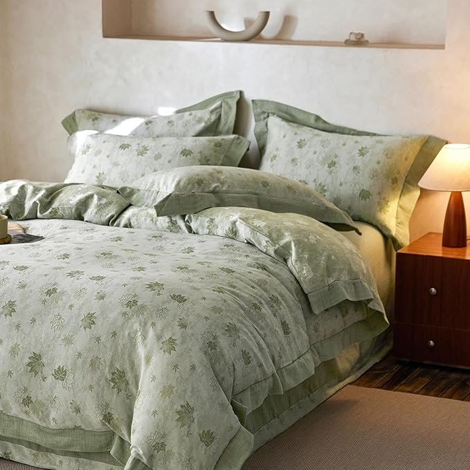 mixinni Yarn-Dyed Jacquard Duvet Cover Queen, Green Botanical Leaf Print 3-Piece Bedding Set with Wide Edge Piping, Soft Breathable Double Layer Gauze for All Seasons (1 Duvet Cover + 2 Pillowcases)