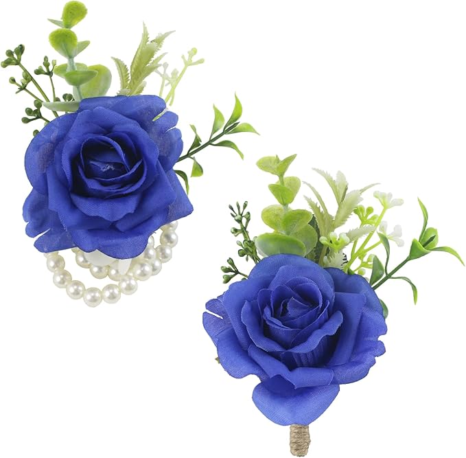 Meldel Boutonniere and Wrist Corsage for Wedding, Set of 2, Pearls Wristlet Corsage for Bride Bridesmaids, Boutonniere for Man Groom Best Man Wedding Flower Accessories Prom Ceremony Party Suit Decor