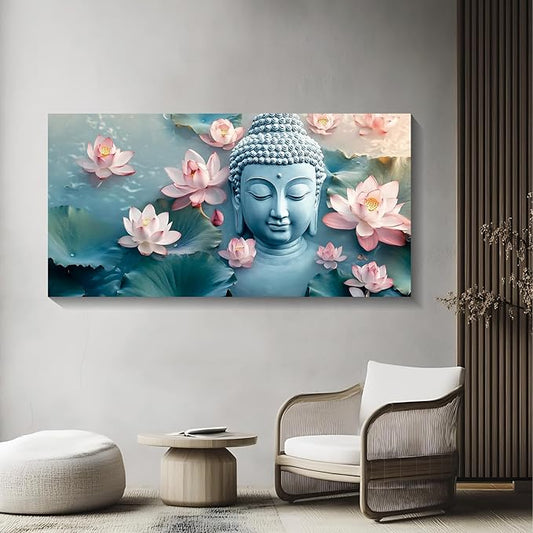 Iallbin Buddha Wall Art & Zen Wall Decor, White Lotus on Water Canvas Painting - for Yoga Meditation Room, Spa & Bathroom, Blue Art Deco Style, 58x29 Inches