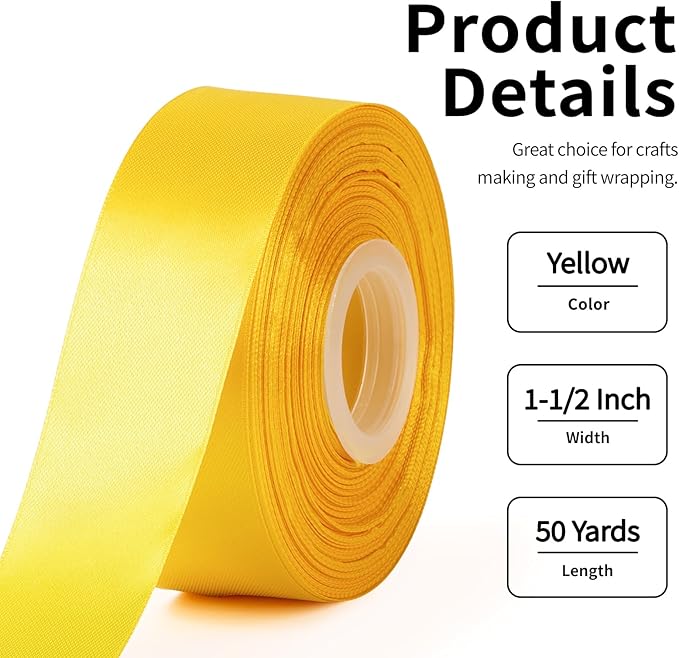 1-1/2 Inch Wide Yellow Satin Ribbon, 50 Yards Solid Polyester Fabric Ribbon for Roses Making, Gift Wrapping, Christmas, Wedding Decorations, Crafts, Bows