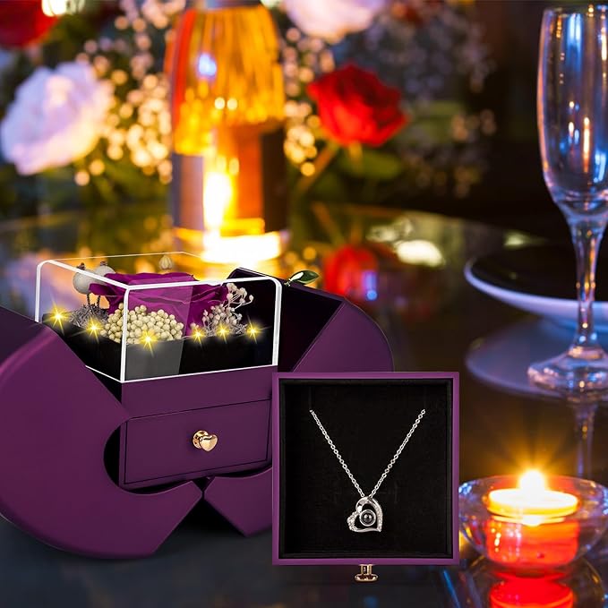 Preserved Purple Real Rose with I Love You Necklace, Eternal Flowers Rose Birthday Gifts for Women Her Mom Wife Girlfriend Grandma Christmas on Valentines Mothers Day Anniversary Romantic-Purple