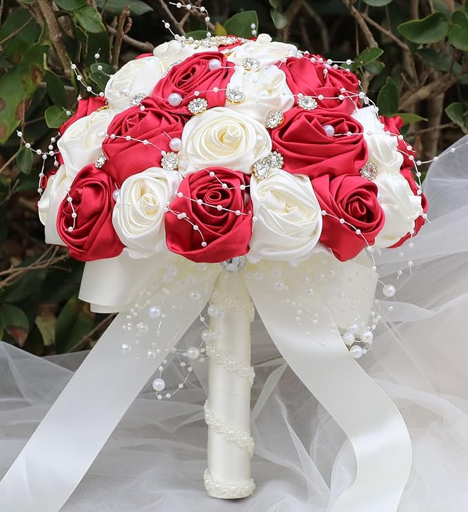 Bridal Wedding Bouquet Round Bling Brooch Bouquet Throw Toss Artificial Rose Flower Bunch for Bride Bridesmaid Wedding Quinceanera(Ruby Red & Ivory, 7.5")