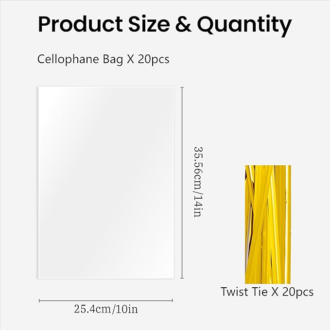 joybest 20 Pcs Clear Cellophane Gift Bags, 10x14 inches OPP Plastic Treat Goodie Bags with 20 Pcs Twist Ties for Gift Wrapping, Party Favors, Bridal Showers