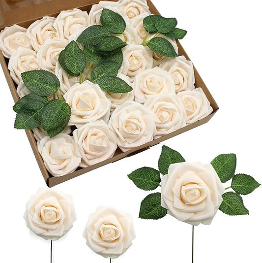 JOYLEX Artificial Flowers Realistic Roses, 25pcs Real Looking Fake Roses with Stem for DIY Wedding Bouquets Centerpieces Bridal Shower Party Home Romantic Decorations (Champagne)