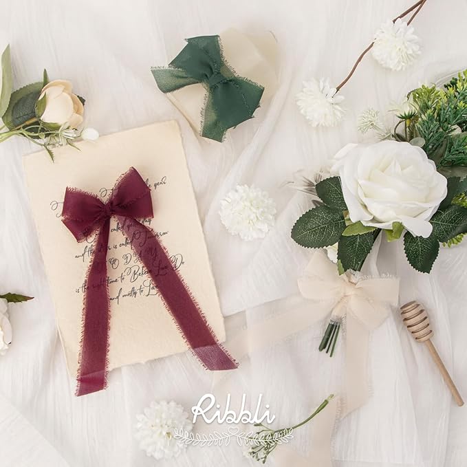 Ribbli Burgundy Ribbon 1 Inch x 3 Rolls Total 24 Yards Handmade Fringe Chiffon Silk Ribbon for Wrapping Wedding Invitations Bridal Bouquets DIY Crafts Home Decor