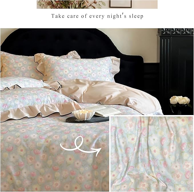 HighBuy Aesthetic Ruffle Floral Duvet Cover Set King,100% Brushed Cotton Soft Durable Reversible Coquette Ruffle Bedding Set,Pink White Floral Bedding Set,Duvet Cover with 2 Pillowcases