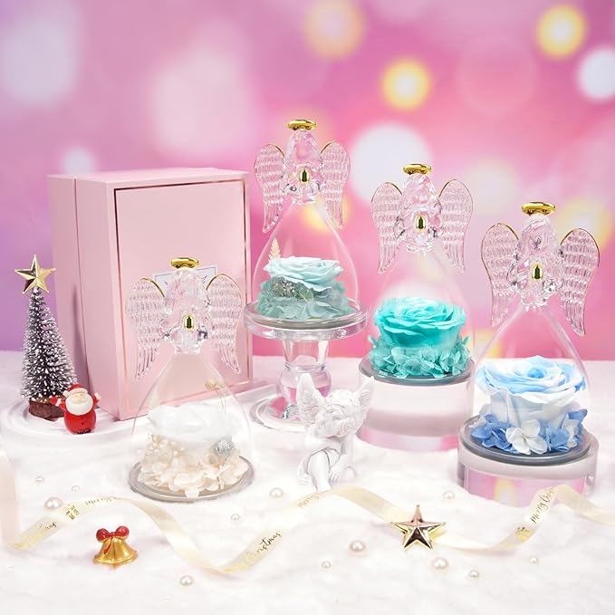 Sunia Preserved Flower Rose Gift for Women - Mother's Day Birthday Gifts for Mom Wife Grandma, Glass Angel Figurines Forever Real Roses Gifts for Her Valentine Day Thanksgiving﻿ (Sparklinga quamarine)