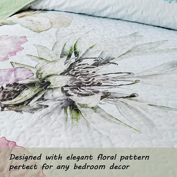 Yogeneg King Size Quilt Set, Elegant Floral Botanical Pattern Green Bedding Set,3 Piece Lightweight Soft Summer Bedspread Coverlet with 2 PIillow Sham for All Season(Green Floral,110"x96")