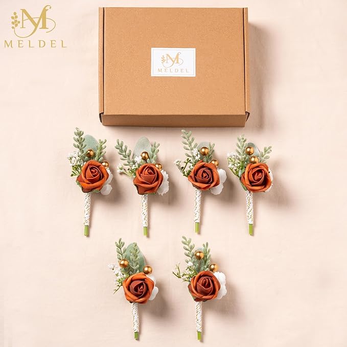 Meldel Burnt Orange Boutonniere for Men Wedding, Set of 6, Groom Groomsman Boutonniere, Mens Boutonnieres for Wedding Prom Ceremony Anniversary Party Homecoming