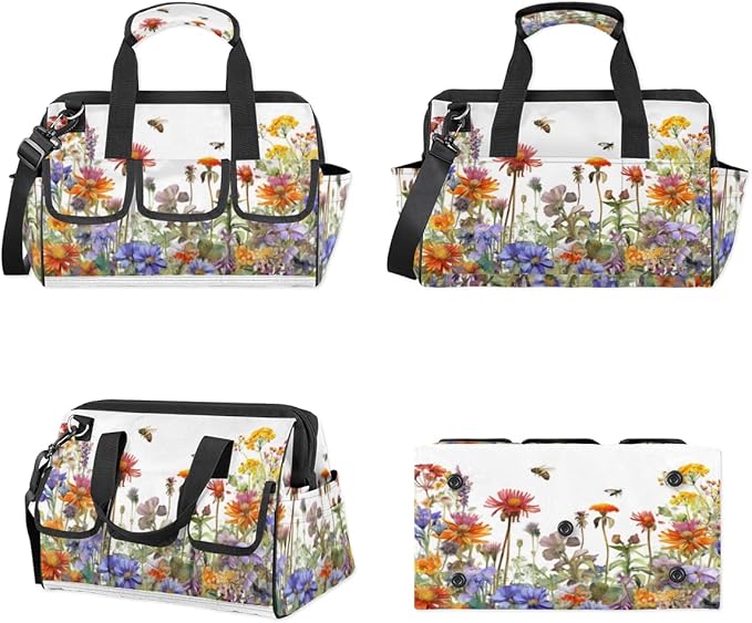 Wildflowers Floral Tool Bag for Men Women Multi-Pockets Wide Mouth Tool Storage Bags 14.8 Inch Waterproof Heavy Duty Tool Bag Organizer for Electrician Mechanic Plumbers Handymen