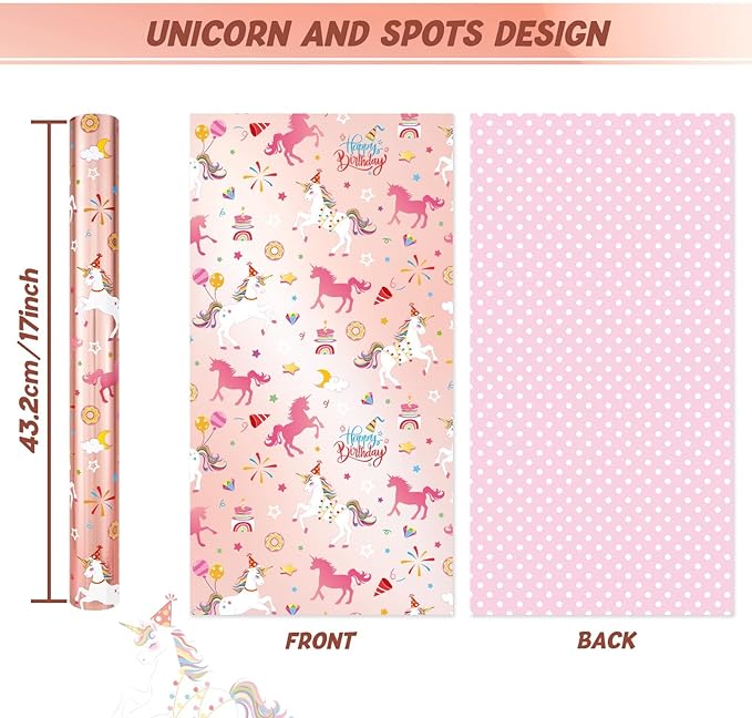WERNNSAI Unicorn Gift Wrapping Paper Roll - 1 Roll 17” x 33 ft Baby Girl Pink Wrapping Paper for Kids Unicorn Birthday Party Decor Supply, Reversible Metallic Foil Dots Design Dream Princess Style