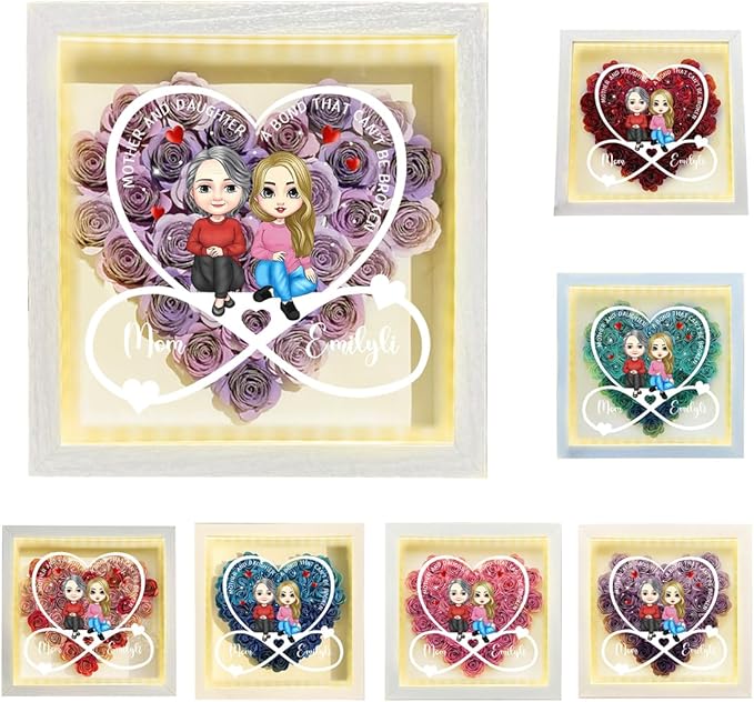 Personalized Mom Flower Shadow Box with LED Light Custom Heart Shaped Rose Flower Shadow Box Frame Mother and Daughter A Bond That Can't Be Broken Mother's Day Portrait Shadowbox Memory Gifts