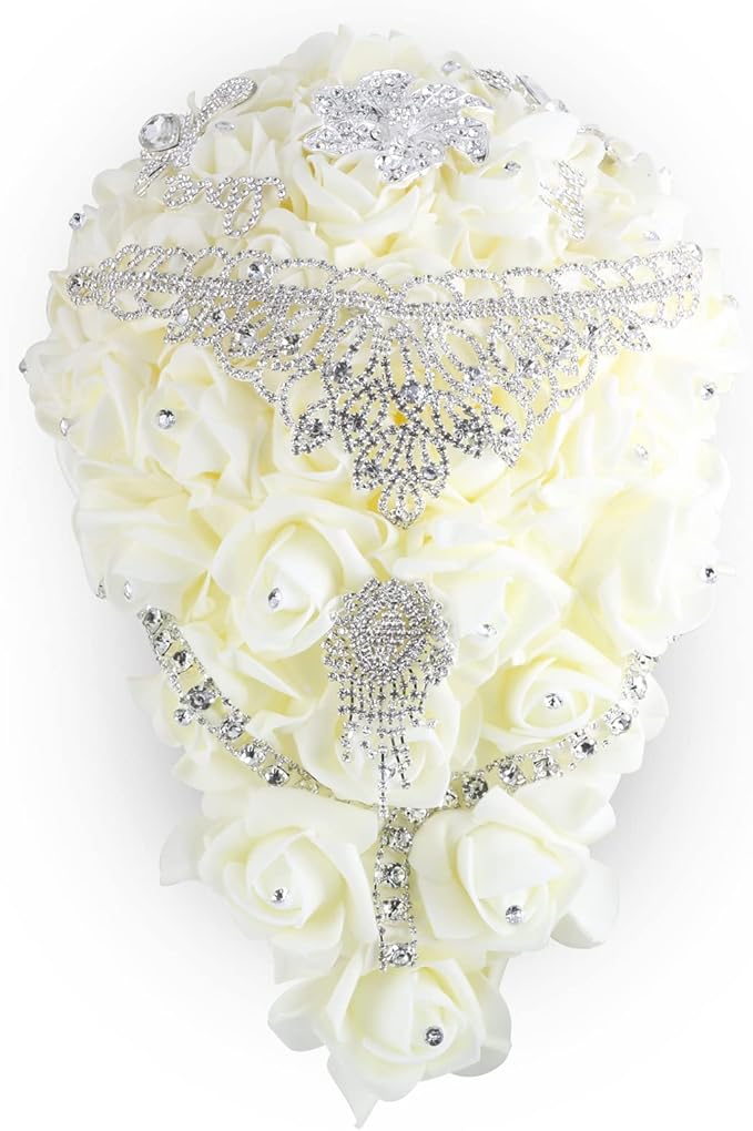 Wedding Bouquets for Brides or Bridesmaids Brick and Stone Decoration Pearl Embellishment Roses Bridal Bridesmaid Wedding Hand Bouquet Artificial Fake Flowers.(Cream)