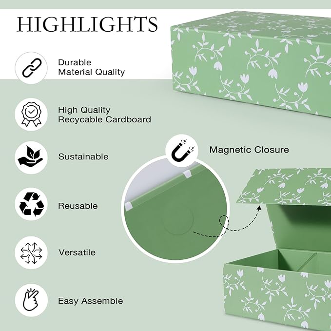 Green Leaves Gift Box with Magnetic Lids 13.8x8.3x4.4 in, Large Bridesmaid Proposal Boxes, Rectangle Wedding Decorative Storage Box 5 Pack