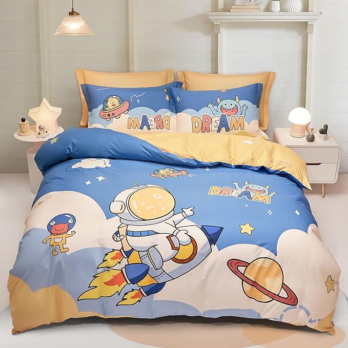 SAPHREAS Planet Astronaut Kids Duvet Cover Set Queen Size 4pcs with Fitted Sheet 100% Cotton Children Bedding Comforter Cover Set, Comforter Not Included