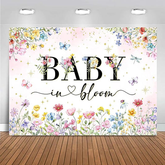 Mocsicka Wildflower Backdrop Baby in Bloom Floral Baby Shower Decorations Girls Butterfly Golden Dot A Little Wildflower is On The Way Decorations for Baby Shower Background Banner