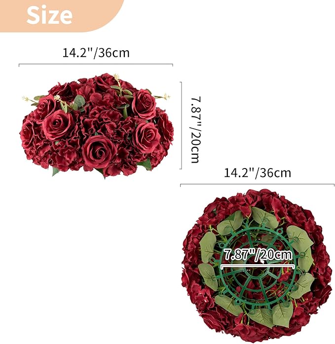 Nuptio Flower Wedding Centrepieces for Tables: 2 Pcs Burgundy Artificial Flowers Roses Balls 14.2 inch Diam for Centerpiece Fake Silk Rose Arrangements for Weddings Reception Birthday Party Decoration
