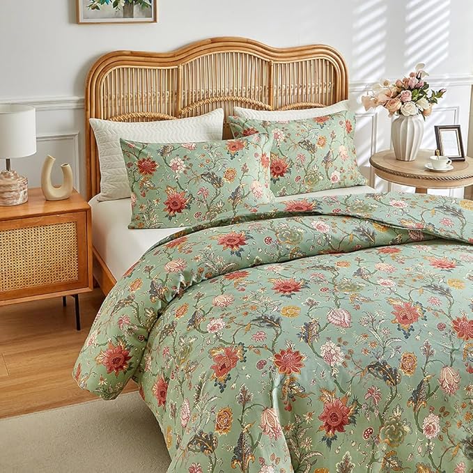 LifeTB Farmhouse Floral Comforter Full Comforter Set Botanical Flowers Vines Pattern on Green Floral Bedding Comforter Set Fluffy Soft Microfiber Aesthetic Bedding Botanical Comforter for All Seasons