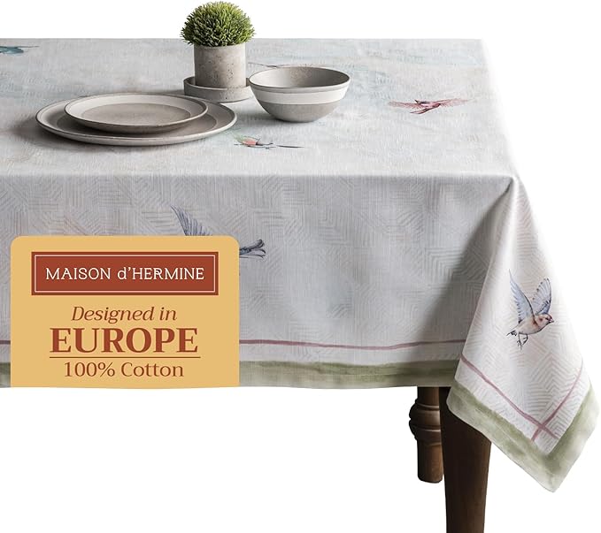 Maison d' Hermine Table Cloth Square Table 100% Cotton 60 x 60 Inches Tablecloth Reusable Decorative Everyday Use for Dining Room, Farmhouse, Home Party, Festive & Wedding Spring Summer - Flying Birds