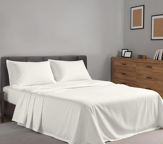 RUVANTI 100% Cotton King Size Sheets Set, 4 Pieces, Soft & Breathable Percale Weave Bedding, Deep Pocket 16", Hotel Standard, Crisp Cool Feel, Durable, Perfect Dyed Bed Sheet, Ivory