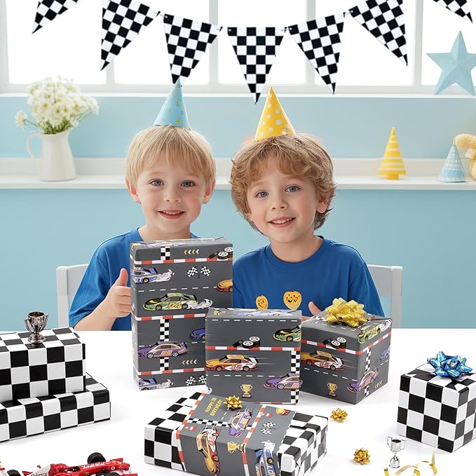 WERNNSAI Racing Car Wrapping Paper - 1 Roll 17” x 16.5 ft Car Birthday Wrapping Paper Kids Boys Gift Wrap Reversible Birthday Present Packing Decoration Sports Cars with Checkered Design