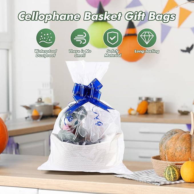 50 Packs Large Cellophane Bags 18" x 24" Clear Cellophane Gift Basket Wraps 2.3 Mil Thick Transparent Cello Bags for Fruit Basket, Gift Wrap, Treats, Arts and Crafts, 50ct Blue Ribbon Bows