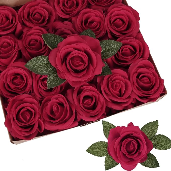 20pcs Red Roses Artificial Flowers 3.15'' Big Fake Roses Silk Flowers Bulk Realistic Faux Roses with Stems for DIY Wedding Centerpieces Table Home Party Decor Bridal Floral Arrangements (Red)