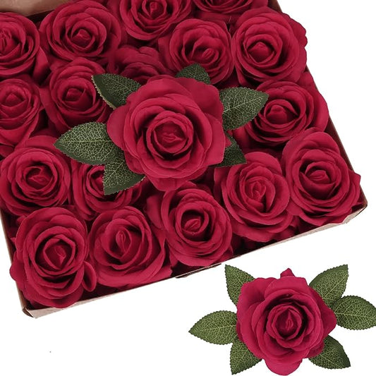 20pcs Red Roses Artificial Flowers 3.15'' Big Fake Roses Silk Flowers Bulk Realistic Faux Roses with Stems for DIY Wedding Centerpieces Table Home Party Decor Bridal Floral Arrangements (Red)