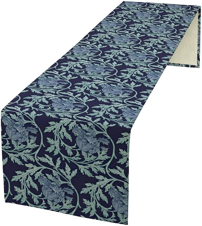 Vintage William Morris Table Runner, Retro Blue Floral Botanical Plant Farmhouse Design Table Runner for Kitchen Dining Party Holiday Decortaion, 13x90 Inch