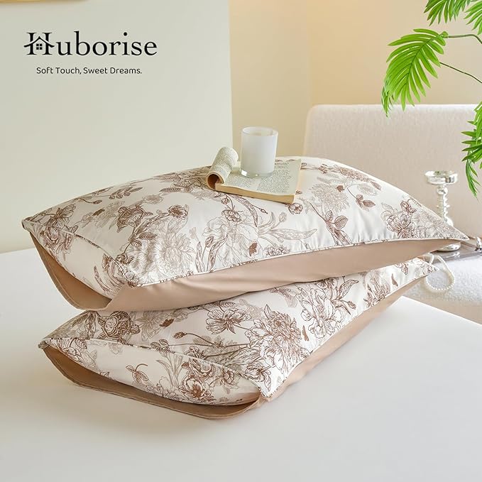 Brown Floral Duvet Cover Set 100% Percale Cotton Queen Size Shabby Vintage Toile Flower Printed Comforter Covers with Zipper, Soft & Breathable French Country Bedding 3Pcs-Not Comforter