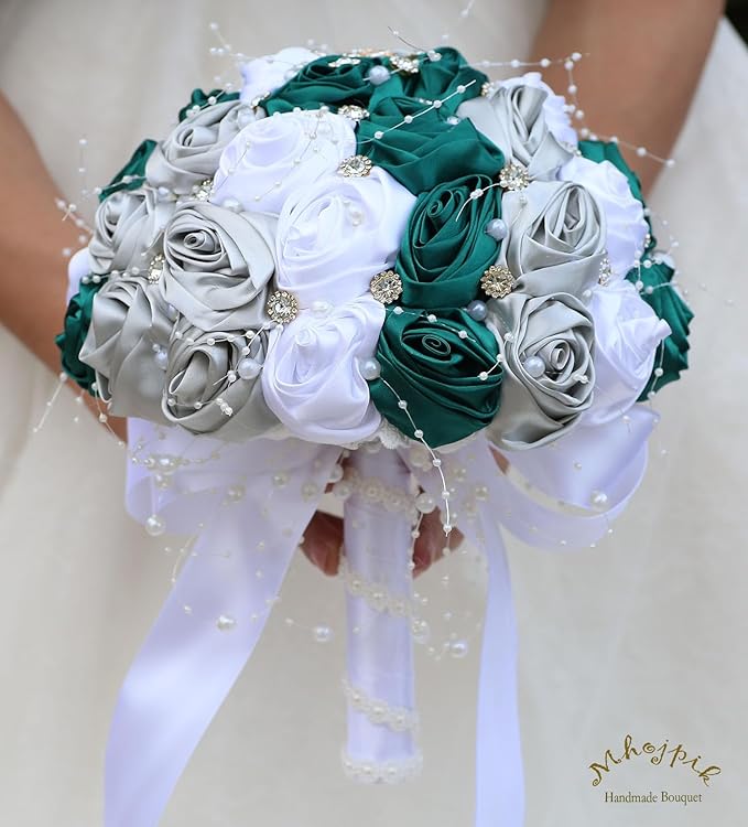 Bridal Wedding Bouquet Round Bling Brooch Bouquet Throw Toss Artificial Rose Flower Bunch for Bride Bridesmaid Wedding Quinceanera(Dark Green, Silver & White, 6.3")