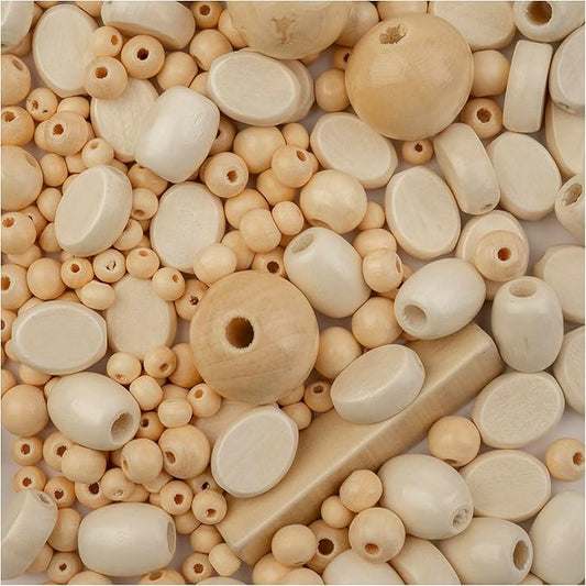 John Bead 90g Craft Beads Assorted Natural Colors Wood Beads with Elastic Nylon Cord