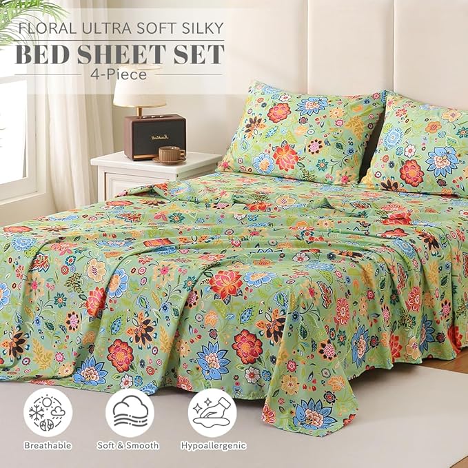Bedlifes King Sheet Set Ultra Soft, Breathable, Silky Flower Deep Pocket 100% Microfiber Bedding, 4 Piece King Size with Floral Sage Green