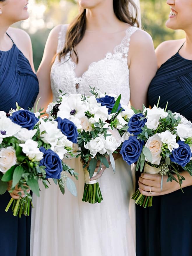 MACTING Artificial Flower Roses 30PCS Real Touch Fake Flowers with Stem Foam Roses for DIY Wedding Bouquets Backdrop Party Bridal Shower Spring Home Valentines Day Decorations,Dark Royal Blue