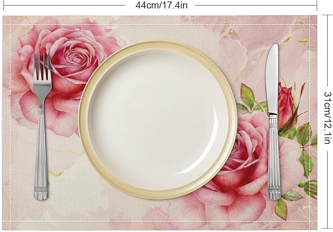 Pink Flower Placemats Set of 8, 17x12 Inch Romantic Watercolor Floral Rose Print Table Mats for Home Party Kitchen Dining Decor