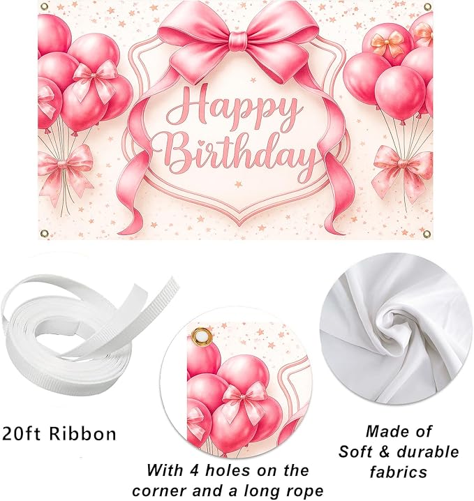 Happy Birthday Backdrop for Girls - 7x5ft Pink Bow Coquette Party Background, Photography Banner Decoration for Baby Toddler Kids First Birthday, Photo Booth Backdrop