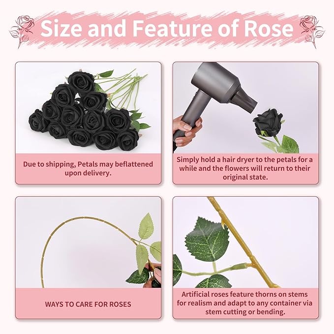 52 PCS Black Roses Artificial Flowers, Fake Roses Bouquet, Artificial Black Rose with Stems for Wedding Flowers Decoration, Valentines Day Mothers Day, Bridal Bouquet Rose