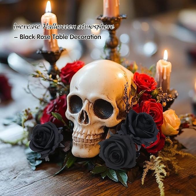 Felice Arts 12 Pack Black Roses Artificial Flowers with Black Stems Silk Roses Fake Flowers Bouquet for Halloween Centerpiece Table Vase Home Inddor Kitchen Party DIY Decor