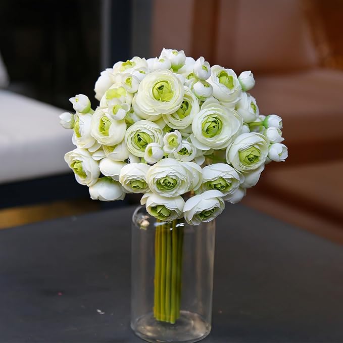 24 Pcs Ranunculus Artificial Flowers 10.5", Mini Faux Silk Ranunculus with Stem, Fake Flowers for Home Decor Indoor Wedding Bouquets Centerpieces (White and Green)