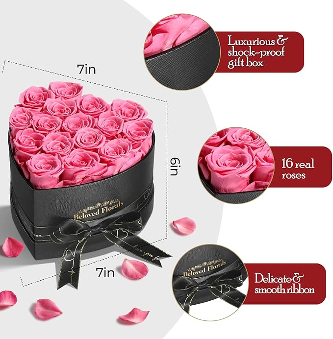 16 Preserved Flowers Rose Birthday Gifts for Women Her Mom Wife Girlfriend Grandma on Valentines Mothers Day Christmas Anniversary Romantic(Pink)