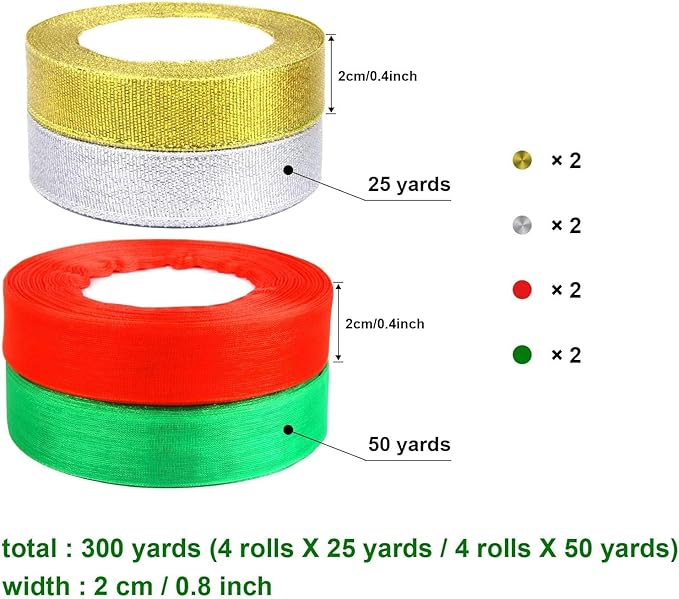 DECYOOL 4 Rolls 150 Yards Christmas Ribbons Metallic Glitter Fabric Organza Holiday Festival Ribbons 4/5" Wide for Gift Wrapping Decoration