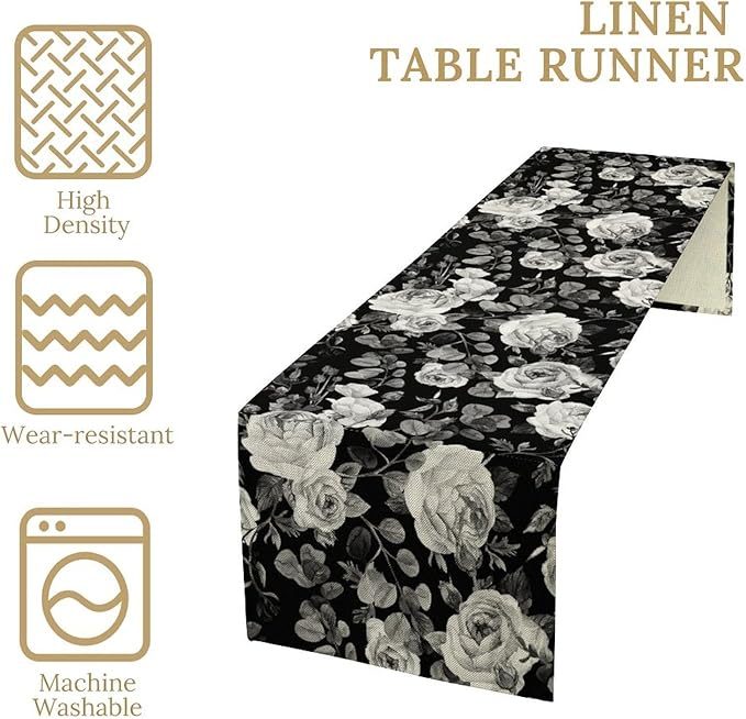 Vintage Black Flower Table Runner, Retro Roses Blossom Eucalyptus Plants Botanical Branches Dark Gothic Floral Table Runner for Home Party Indoor Outdoor Decor, 13x36inch