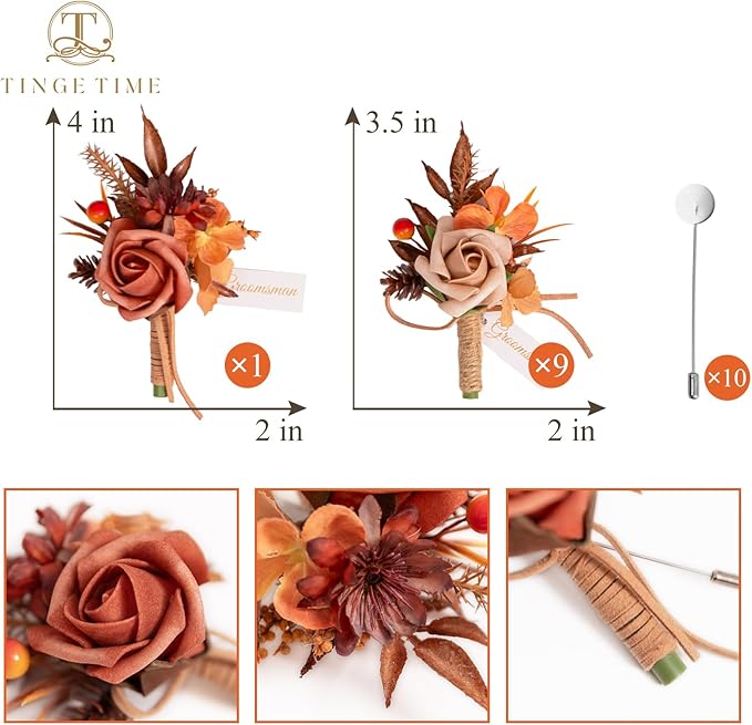 TINGE TIME Boutonniere for Men, Groom and Best Man Boutonniere for Wedding Ceremony Anniversary, Formal Dinner Party and Rustic Fall Wedding Marriage (Maple Red)